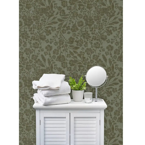 Real Dope Cottage Botanical Wallpaper With Matte Linen Texture And Pvc Free Mix Built For Sturdy Residential Or Commercial Walls That Add A Chill Fresh Vibe To Your Place on a bathroom cabinet.