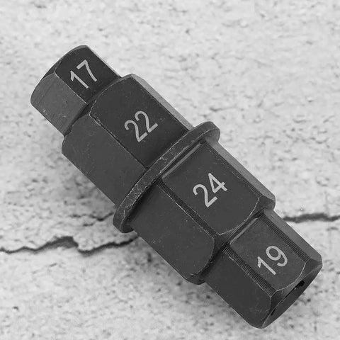 Ultimate 4 in 1 Motorcycle Spindle Disassembly Wrench Tool Set With Forged Iron Durability, Heavy Duty Hex Keys In 17mm 19mm 22mm And 24mm Sizes To Crush Stubborn Axles Like A Boss. Black forged iron motorcycle spindle wrench with 17mm, 22mm, 24mm and 19mm sizes.
