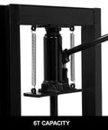 Close-up of black 6-Ton Hydraulic Shop Press with Adjustable Working Table and H-Frame, Benchtop Garage Press for Auto Body Repair