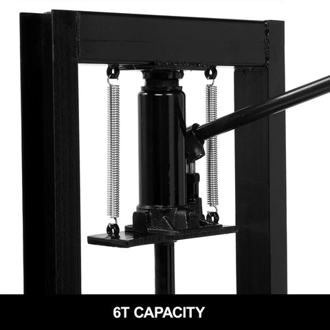 Close-up of black 6-Ton Hydraulic Shop Press with Adjustable Working Table and H-Frame, Benchtop Garage Press for Auto Body Repair