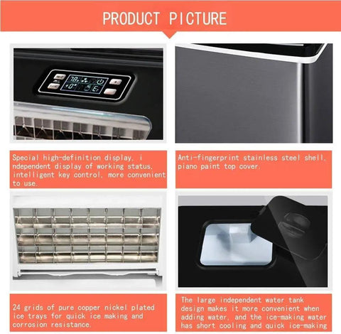 Fast Acting Countertop Ice Maker With Clear Viewing Window And Touch Control Self Wash Cracks Out Fifty Pounds Daily, showing stainless steel body and control panel.