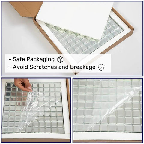 Mirror Glass Mosaic Tiles 12x12 Inch Beveled Five Face Silver Crystal Backsplash For Kitchen And Bathroom Seamless No Grout Required Mesh Backing Five Sheets Per Box packaging