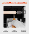 Didactical Mini Metal Lathe For DIY Projects showing wood processing with 3 jaw chuck and aluminum handwheel.