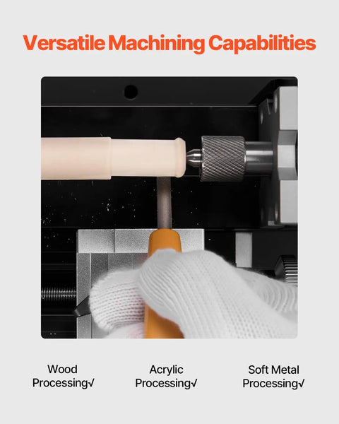 Didactical Mini Metal Lathe For DIY Projects showing wood processing with 3 jaw chuck and aluminum handwheel.