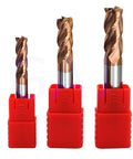 Heavy Duty 4 Flute Carbide End Mill Cutter With Tungsten Alloy Coating For Steel Metal Milling. Three sizes shown.