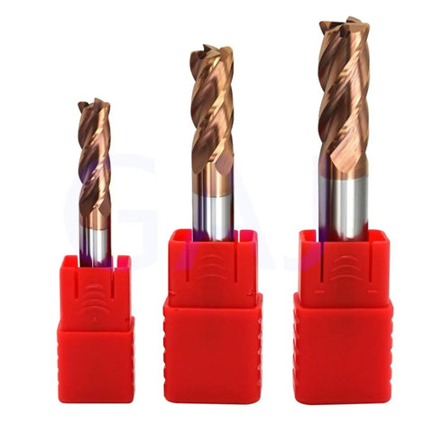 Heavy Duty 4 Flute Carbide End Mill Cutter With Tungsten Alloy Coating For Steel Metal Milling. Three sizes shown.