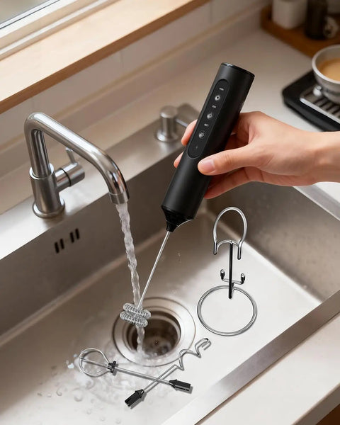 Person rinsing Dope Rechargeable Handheld Milk Frother Wand, with 3 Speed Settings, 3 Stainless Steel Whisks, and Stand in a kitchen sink