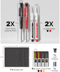 Pro Builder Pencil Set With Sharpener Featuring 2.8mm Mechanical Pencils And 26 Refills In Black Red And Yellow Waterproof Deep Hole Marker Pens For Architect Marking Heavy Duty Woodworking Tools For Construction And Electricians shown with storage case, markers, refills, sharpener, and eraser.