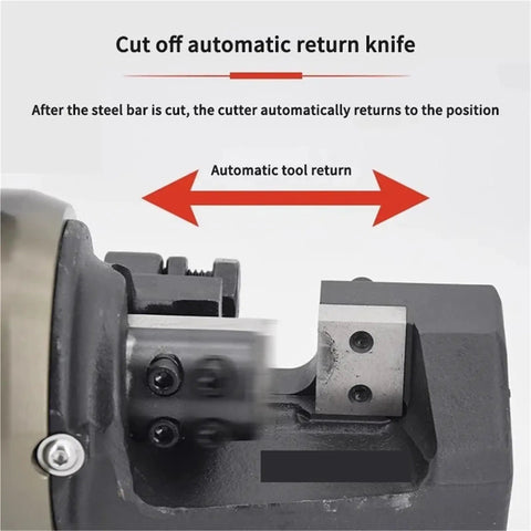 Heavy Duty Handheld Rebar Cutter RC-25 Electric Hydraulic Steel Bar Chopper showing automatic return mechanism for quick operation.