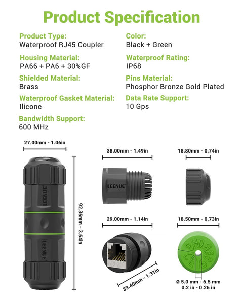 Beefy Outdoor Waterproof RJ45 Ethernet Coupler Shielded Cat7 Cat6a Cat6 IP68 Weatherproof Female To Female Connector 2 Pack