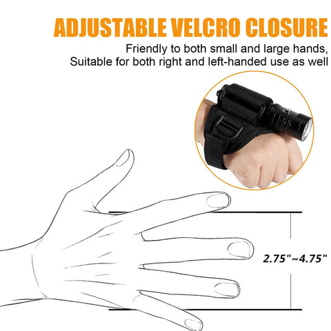 Diagram showing size range and adjustable Velcro closure of Hands Free Dive Light Wrist Mount Glove with flashlight attachment.