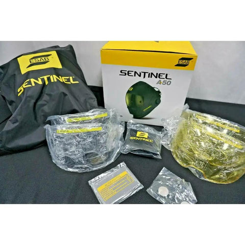 Packaging and components of Sentinel A50 Welding Helmet With Low-Profile Black Shell Built Tough High-Impact Nylon.