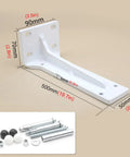Rock Solid Heavy Duty Folding Shelf Brackets 2 Pack Wall Mounted Right Angle Supports For Open Shelving DIY Projects Ready To Install With Hardware White Powder Coated Steel, showing dimensions and included hardware.