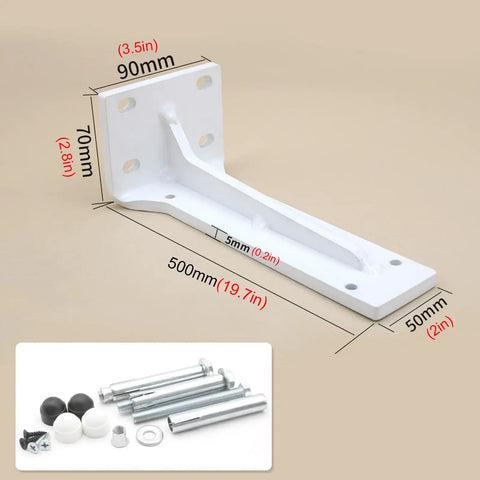 Rock Solid Heavy Duty Folding Shelf Brackets 2 Pack Wall Mounted Right Angle Supports For Open Shelving DIY Projects Ready To Install With Hardware White Powder Coated Steel, showing dimensions and included hardware.