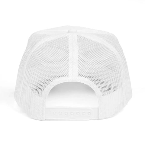 Back view of Funny Camping Trailer Trash Trucker Hat White For RV Lovers And Camp Fans with mesh and adjustable snapback
