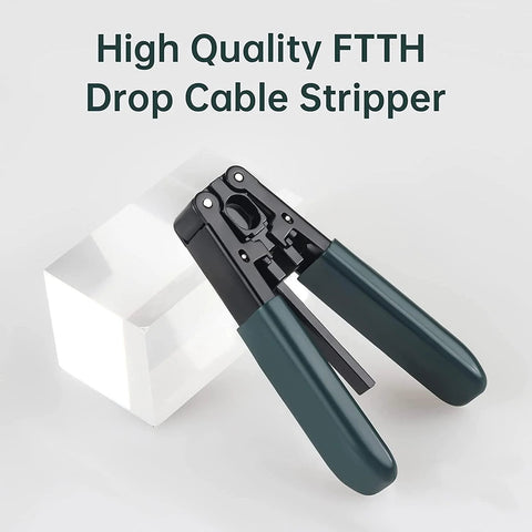 Close-up front view of a fiber optic drop cable stripper with green handles.