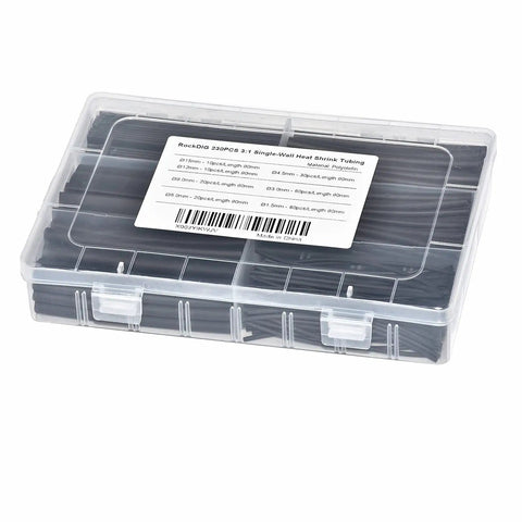 Pro Grade Heat Shrink Tubing Assortment Kit 230 Pieces in case with size label visible