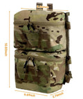 Tactical Zip On Back Panel Double Pouch Assault Modular Backpack for V5 Vest made with 500D nylon, front view with measurements.
