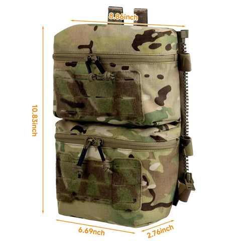 Tactical Zip On Back Panel Double Pouch Assault Modular Backpack for V5 Vest made with 500D nylon, front view with measurements.