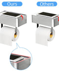 Comparison of brushed nickel toilet paper holders with shelf and wipes dispenser, highlighting durability features in SUS304 stainless steel.
