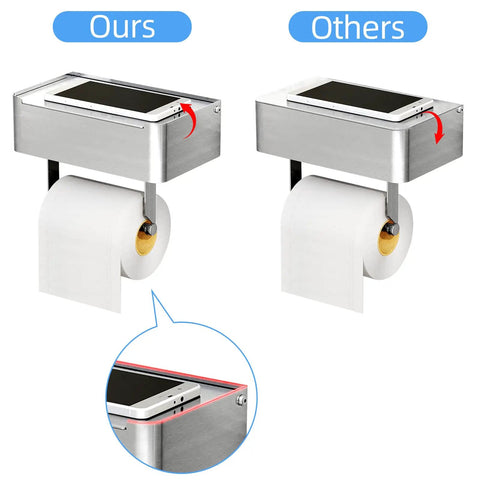 Comparison of brushed nickel toilet paper holders with shelf and wipes dispenser, highlighting durability features in SUS304 stainless steel.