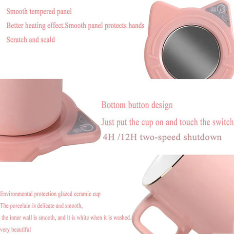 Keep Your Daily Grind Toasty With This Rapid Heating Desk Coffee Warmer Featuring Smart Temperature Controls Dual Timer Auto Shutoff And An Anti Slip Plate For Zero Mess Sipping, showing pink ceramic mug heater with smooth panel.