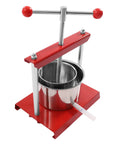 Heavy Duty Manual Fruit Wine Press Built Like A Tank Food Grade Stainless Steel Apple Grape Juicer with red handle.