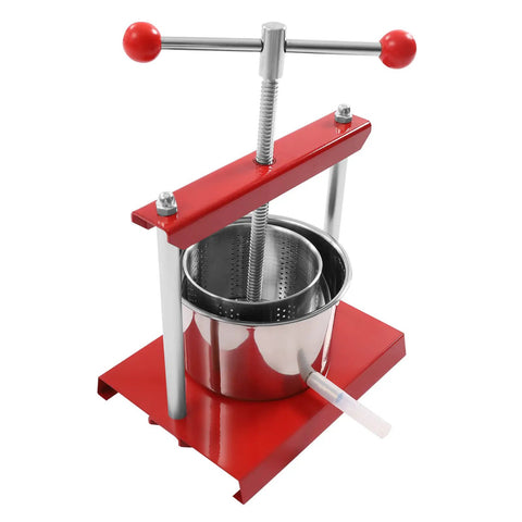 Heavy Duty Manual Fruit Wine Press Built Like A Tank Food Grade Stainless Steel Apple Grape Juicer with red handle.