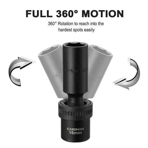 Ten Piece One Half Inch Drive Deep Universal Impact Socket Set Metric Ten Through Nineteen Millimeter With 360 Degree Flex Head Chrome Molybdenum Steel Construction Black Oxide Finish Fully Ready For Tough Torque with 360° rotation feature