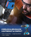 Brushless 20 Volt Cordless Hammer Drill Set With Two Batteries And Charger One Half Inch Drive Three Modes Hammer Drill Screwdriver 0 To 450 And 0 To 1850 RPM Includes 74 Piece Drill And Driver Bit Set For Concrete Wood Metal in use by man wearing safety goggles.