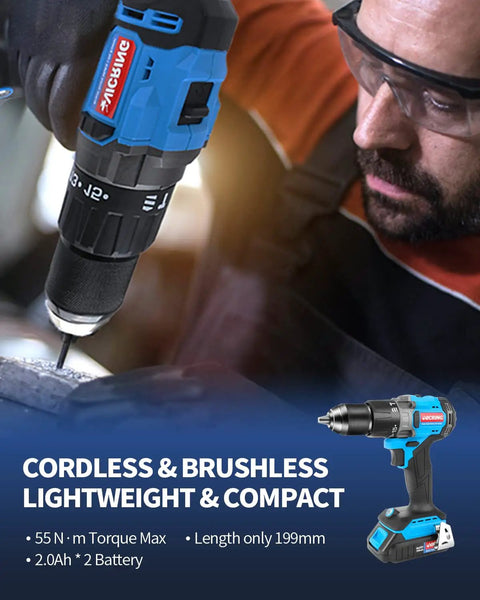 Brushless 20 Volt Cordless Hammer Drill Set With Two Batteries And Charger One Half Inch Drive Three Modes Hammer Drill Screwdriver 0 To 450 And 0 To 1850 RPM Includes 74 Piece Drill And Driver Bit Set For Concrete Wood Metal in use by man wearing safety goggles.
