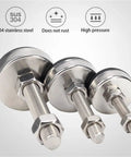 Heavy Duty Stainless Steel Adjustable Leveling Feet With Swivel Base For All Furniture To Squash Those Dang Wobbles And Keep Your Setup Locked Down Smooth, showing three sizes of stainless steel feet.
