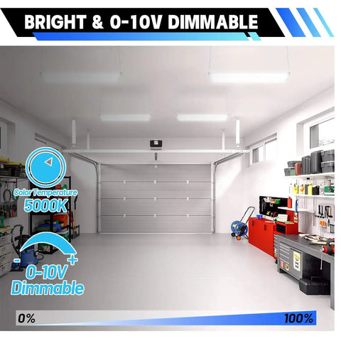 4 Pack LED Linear High Bay Lights Power Options 300W 240W 200W 40500LM 5000K Daylight Dimmable 0-10V in garage setting