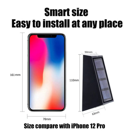 Size comparison of solar RGB wall lights for outdoors with iPhone 12 Pro, illustrating compact design for easy installation.