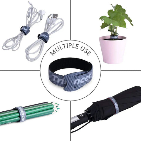 Reusable Cable Straps and Wire Ties Pack of 50, shown securing cables, plant, pencils, and an umbrella, illustrating 8 Inch Adjustable Cord Fasteners for Home Office and Gadget Setups, Black, Tough 50 Lb Grip, Reusable and Built to Last in multiple uses.