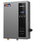 18Kw Electric Tankless Water Heater Delivers Kickin Instant Heat At 240V With 4.9 GPM Flow, front view showing controls and ports.