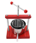 Heavy Duty T Handle Fruit Wine Press With Dual Stainless Steel Barrels, red manual press with stainless drum for fruit juice extraction.