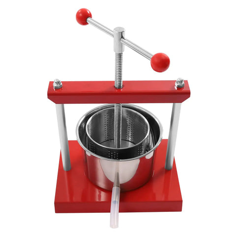 Heavy Duty T Handle Fruit Wine Press With Dual Stainless Steel Barrels, red manual press with stainless drum for fruit juice extraction.