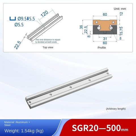 Beefed Up Linear Motion Rail Kit With SGB20 Four Bearing Blocks For CNC DIY And 3D Printer, 500mm SGR20 Guide Rail, aluminum and steel