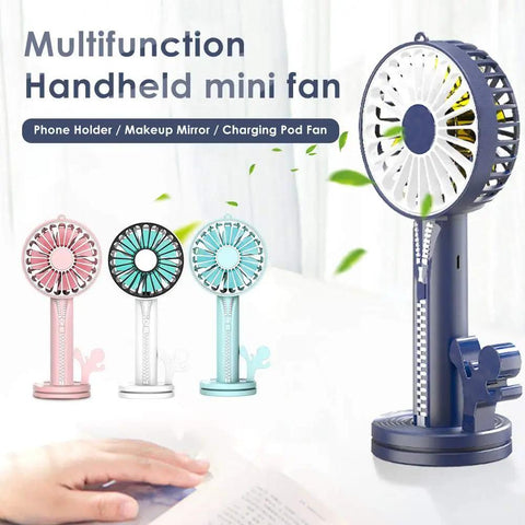 Multicolor handheld mini fans with phone holder and makeup mirror feature on a white background.
