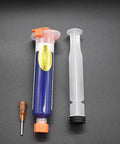 10ML Blue UV Solder Mask Kit With Needle And Push Tool For PCB, showing filled blue syringe and clear push tool on dark background.