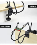 Four Arm Third Hand Soldering Station With Flexible Gooseneck Arms And Removable Tip Clamps For PCB Jewelry Crafting And Hobby Workshop On The Workbench Pro Grade Adjustable Vise Style Soldering Aid shown in vertical and transversal orientations on wooden workbench.