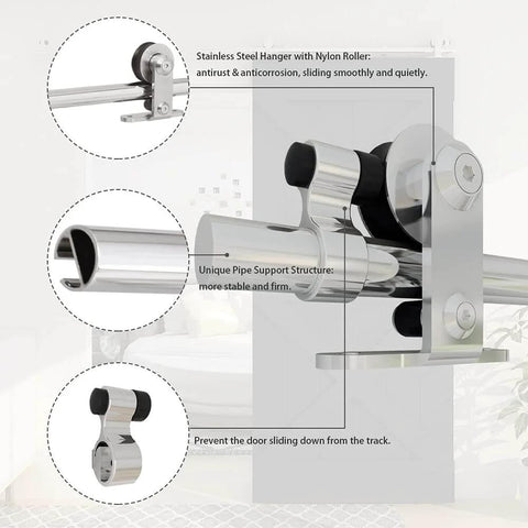 Close-up of 9.6Ft Top Mount Sliding Barn Door Hardware Kit in Satin Brushed Stainless Steel, showing rollers and track details.