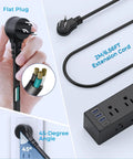 Clamp On Desk Power Strip With USB C And USB A Ports, 6 AC Outlets, 6.56ft flat plug cord, black extension shown with details.