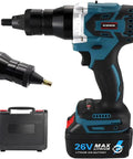 Cordless Electric Rivet Nut Gun With M3 To M12 Mandrels Runs Fully Automatic One Trigger Operation, featuring 26V lithium battery.