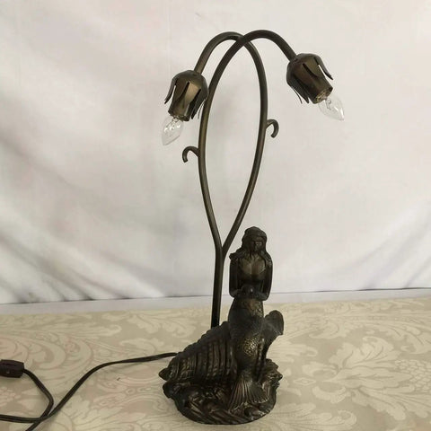 Mermaid And Lily Flowers Tiffany Style Stained Glass Accent Table Lamp 20 Inch Tall Elegant Nightstand Light With Warm White Glow And Classic Vintage Charm E12 Bulbs Not Included.