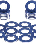 Aluminum Oil Drain Plug Gasket Kit 24 Pcs Replacement Seals Pro Grade Fits Toyota Lexus Scion Crush Washer Style Replaces 90430-12031 90430-12028 095-156 65394 Keeps Engine Seal Tight And Leaks Free, showing blue aluminum washers in stacks and spread out.