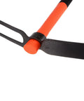 Close-up of Two Pack 2 Teeth Garden Hoe Rake With 15 Inch Dual Head Fiberglass Handle Durable Garden Tools Set For Loosening Soil Weeding And Digging Perfect For Yard Work showing the double-ended metal head.