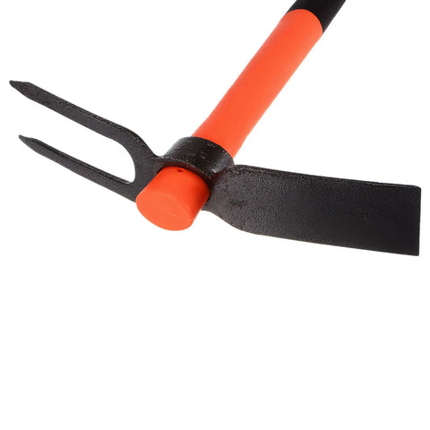 Close-up of Two Pack 2 Teeth Garden Hoe Rake With 15 Inch Dual Head Fiberglass Handle Durable Garden Tools Set For Loosening Soil Weeding And Digging Perfect For Yard Work showing the double-ended metal head.