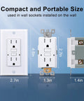 GFCI Duplex Outlet With Tamper Resistant, Self Test, LED Indicator, No Fuss Install and measurement details on blue background.